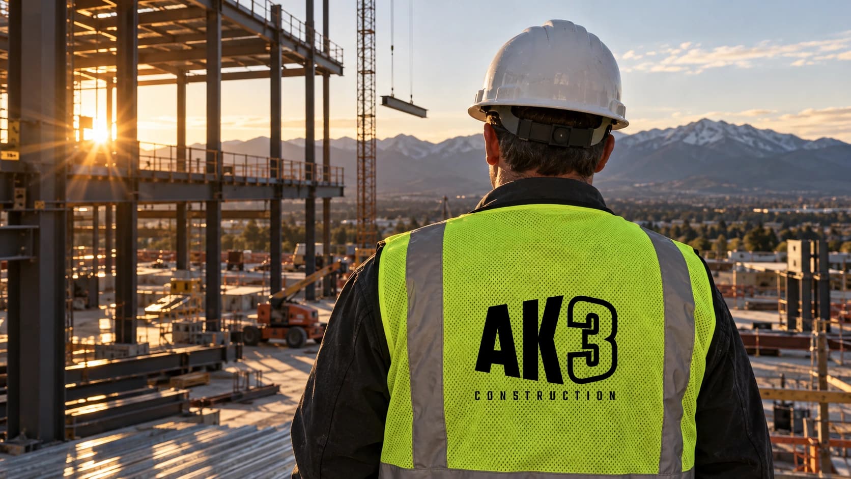 AK3 construction worker in a branded high-visibility vest overlooking an active steel-frame project